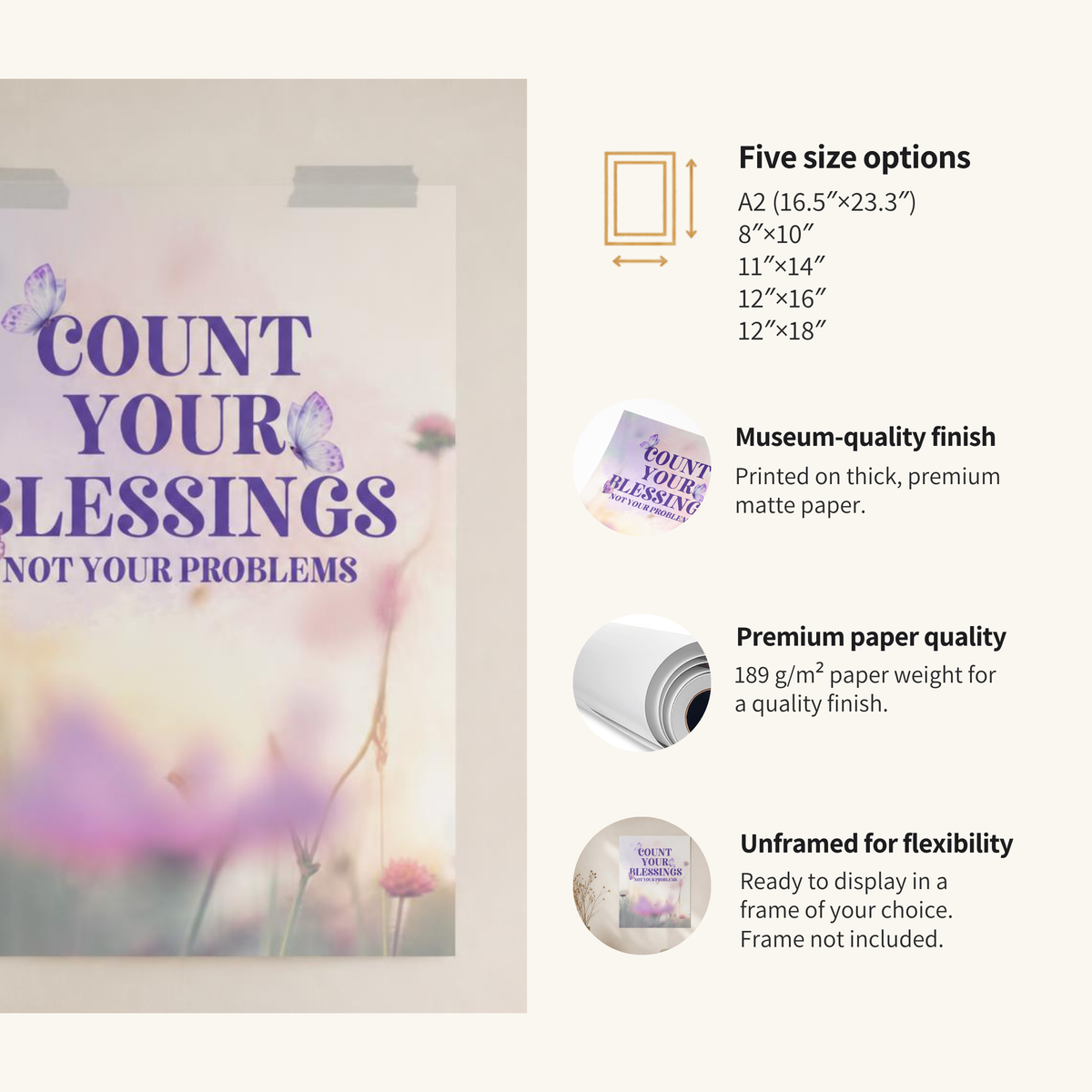 Unframed Count Your Blessings poster product details showing five sizes and premium matte paper