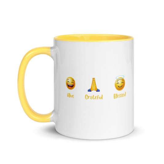 "Alive, Grateful Blessed" Emoji White & Yellow Mug