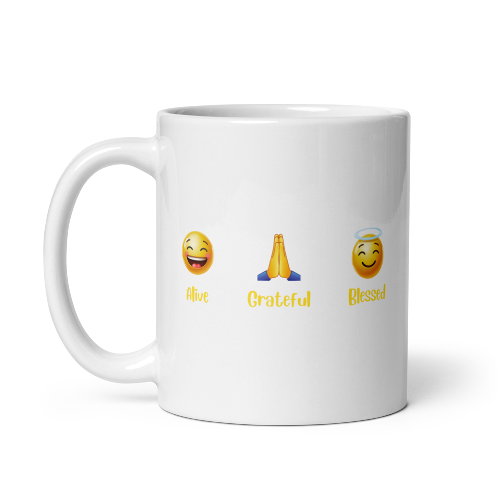 "Alive, Grateful Blessed" Emoji 11oz White Glossy Mug