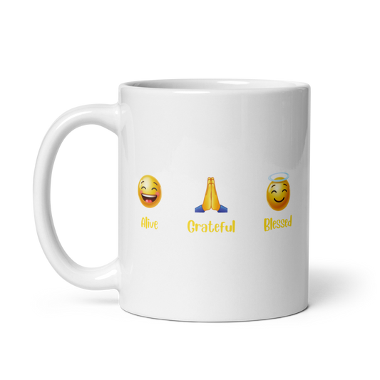 "Alive, Grateful Blessed" Emoji 11oz White Glossy Mug