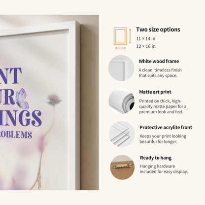 Framed Count Your Blessings poster details showing white wood frame, matte print and two available sizes