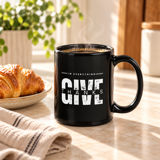 Give Thanks black glossy ceramic mug with white typography, photographed on a warm kitchen countertop