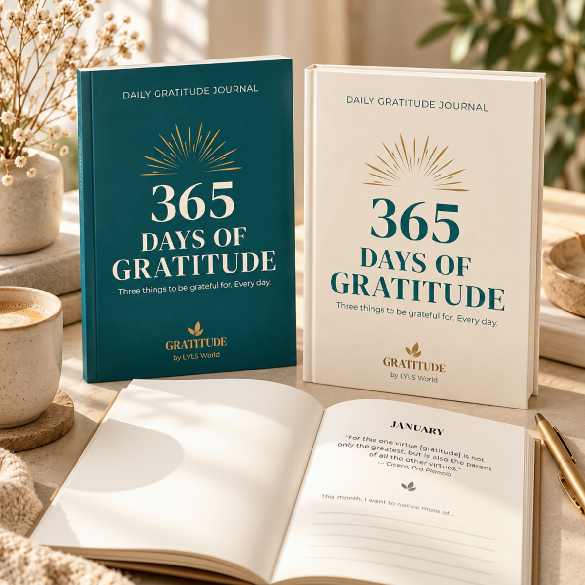 365 Days of Gratitude journal in a warm lifestyle setting, by LYLS World
