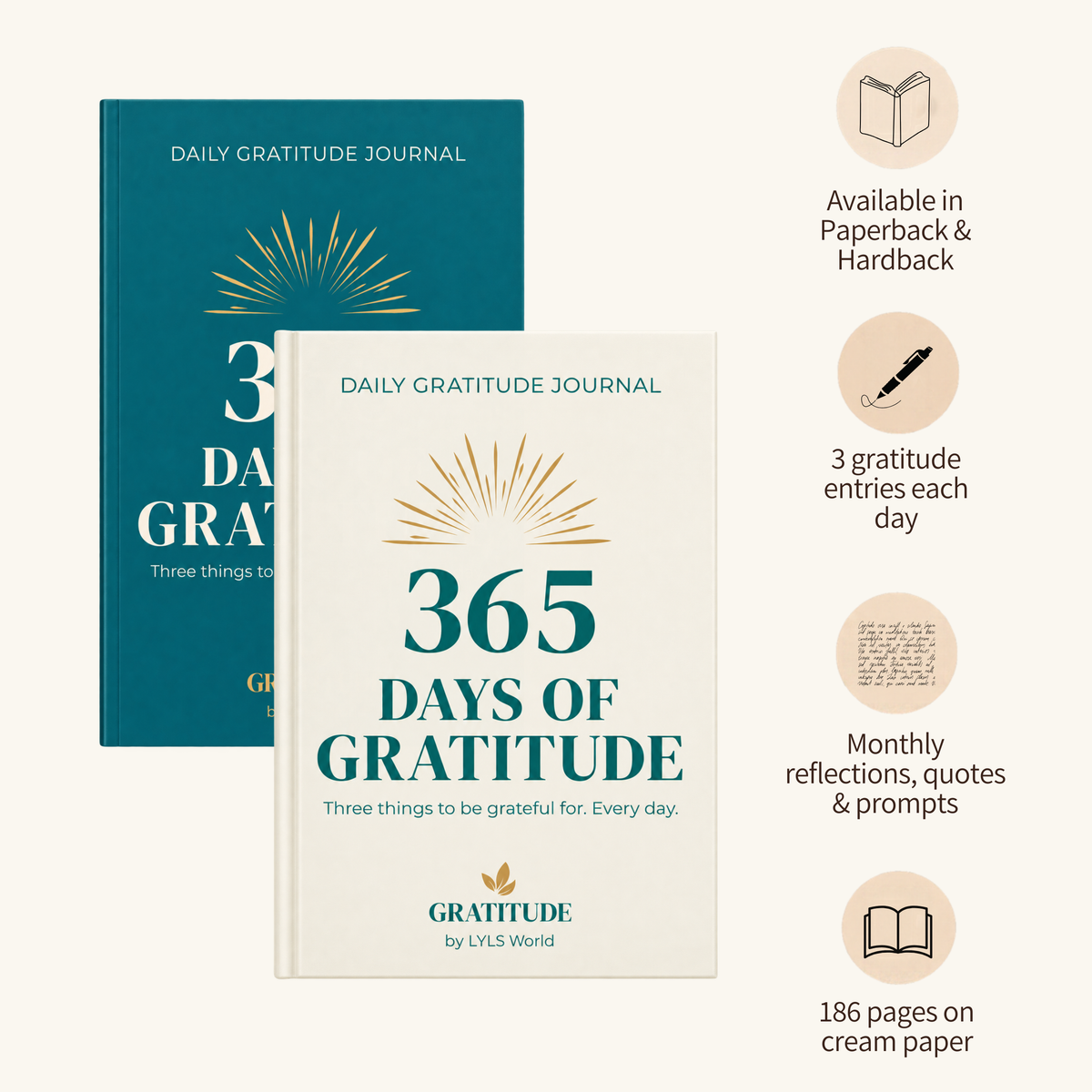 365 Days of Gratitude journal details: 186 pages, cream paper, daily entries and monthly reflections